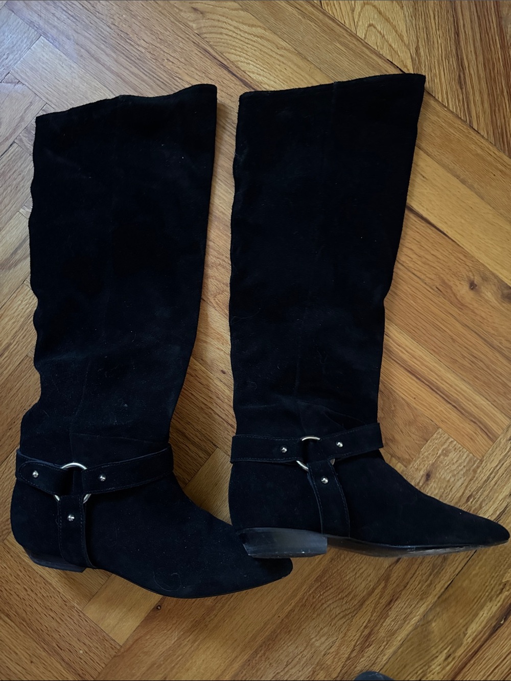 Steve Madden Black Suede Knee-High Boots with Harness Detail